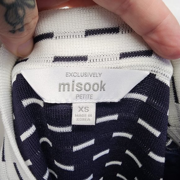 Misook Womens XS Petite Short Sleeve Knit Dress Navy Blue White Dashes & Trim - Picture 11 of 14